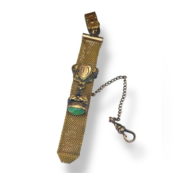 Victorian Jewelry - Victorian Revival Pocket Watch Chain Slide Mesh w/ Monogram Heart & Green Fob